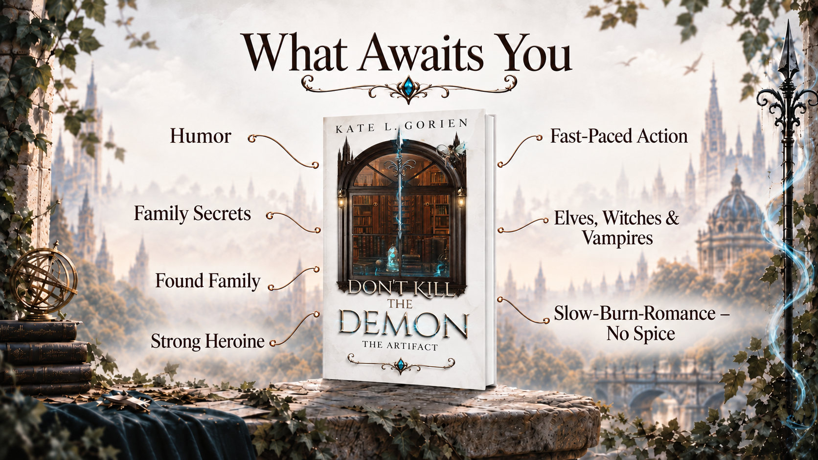 What awaits you: humor, family secrets, found family, strong heroine, fast-paced action, elves, witches and vampires, slow-burn romance with no spice