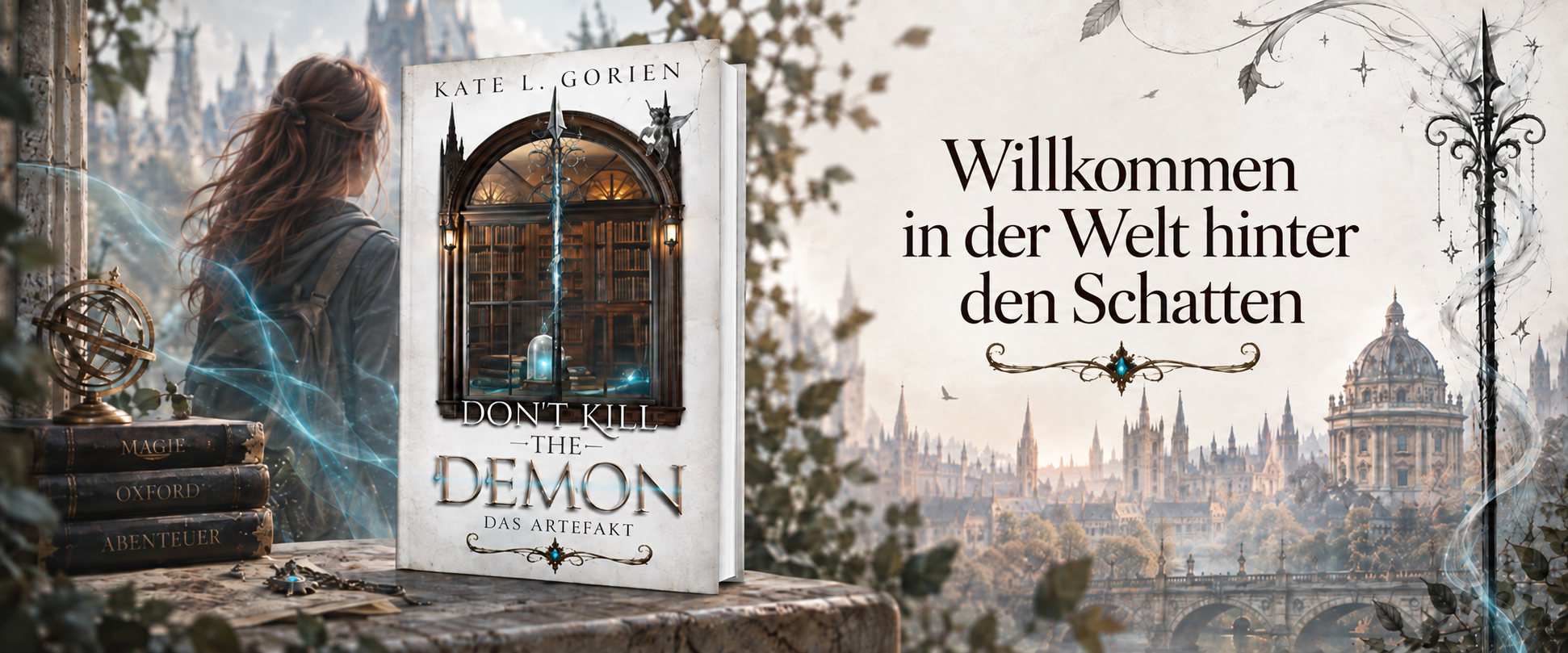 Liz blickt über die Türme von Oxford, daneben das Buch Don't Kill the Demon