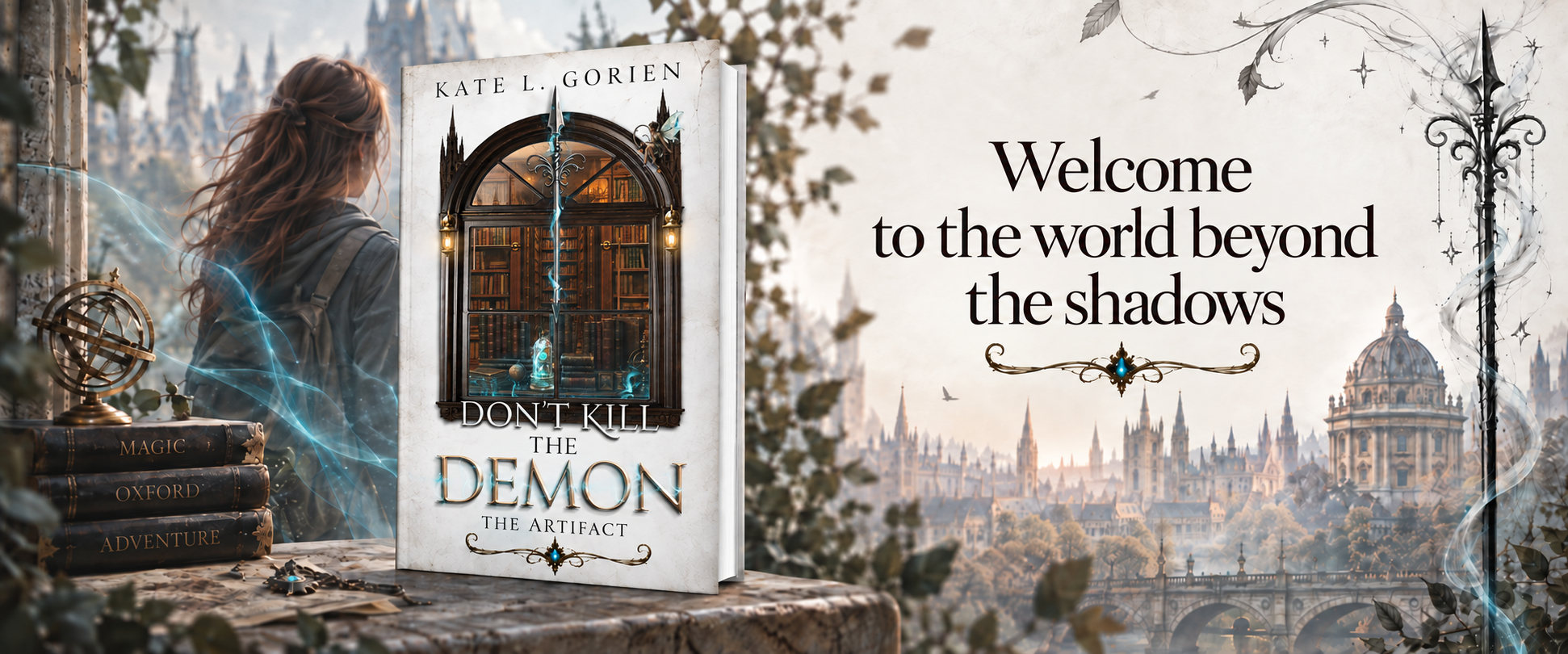 Liz looks out over the spires of Oxford beside the book Don't Kill the Demon: Welcome to the world beyond the shadows